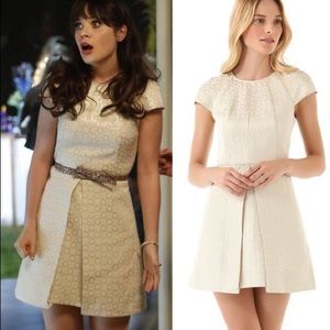 Tibi Zooey Deschanel Cream Gold Jacquard Dress